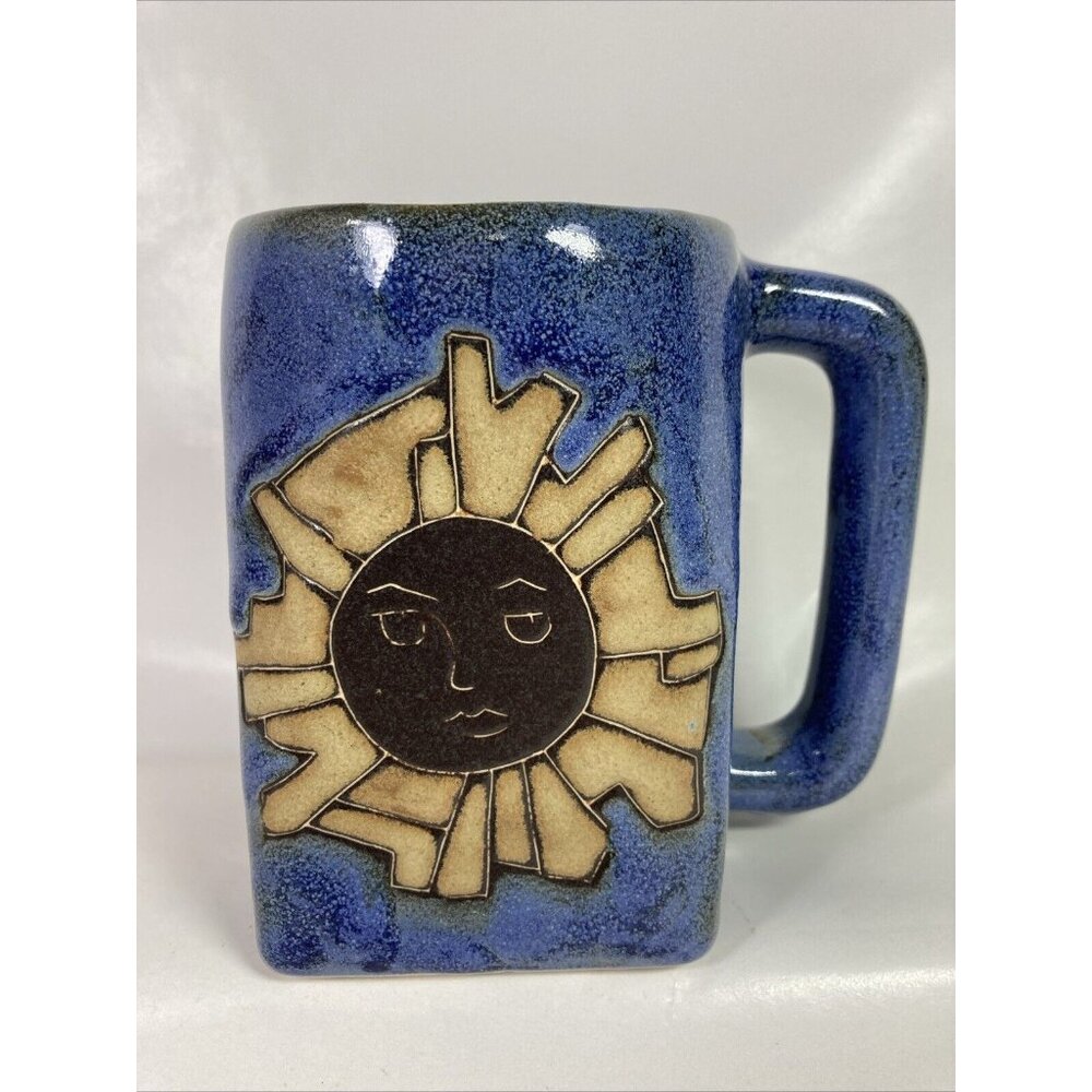 Mara Sun Stars Blue Glazed Mug Cup Handmade Stoneware Mexico 12 oz.